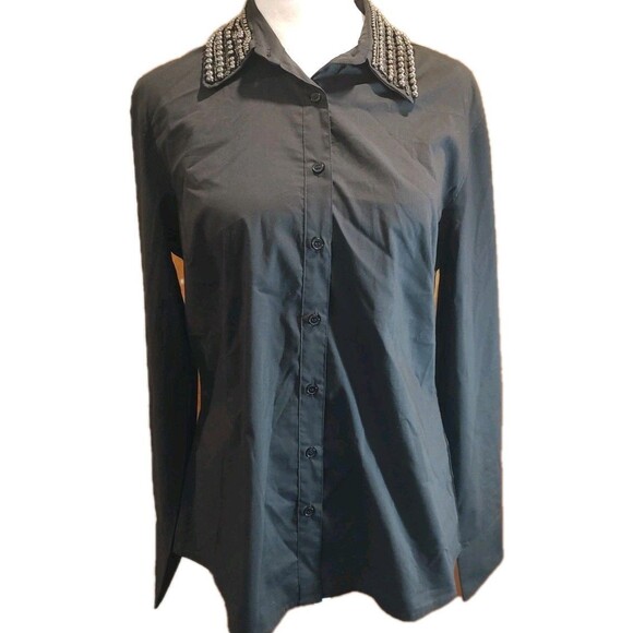 NWT Boston Proper Black Poplin Blouse Women's Sz 10 Silver Studded Collar Career - Picture 1 of 11